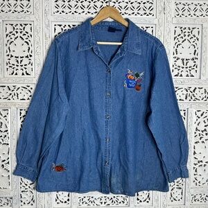 Vintage Basic Editions Blue Spooky Halloween Pumpkin Button Up Blouse Sz 1X‎